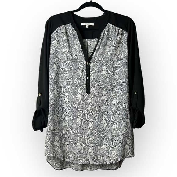 SUNG Alfred Sung Black and White Paisley 3/4 Sleeve Top L - Picture 1 of 6
